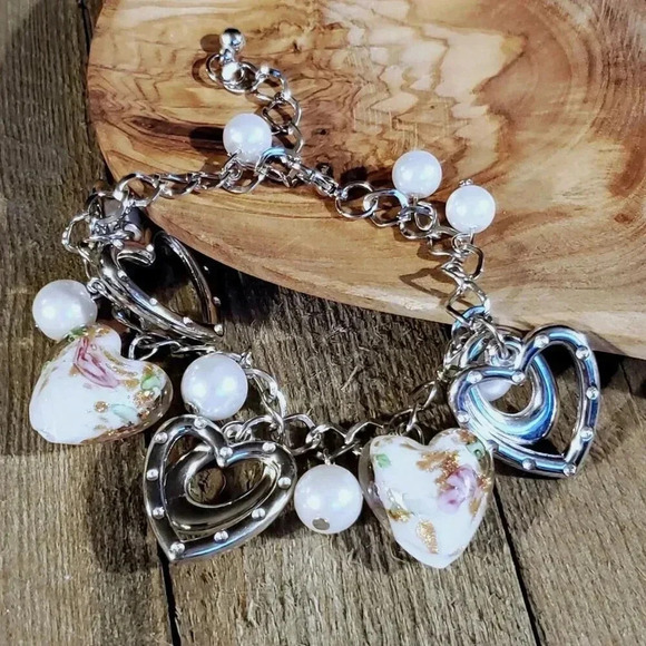 Vintage Murano Glass Beads White Silver Charm Bracelet Style G - Picture 5 of 5
